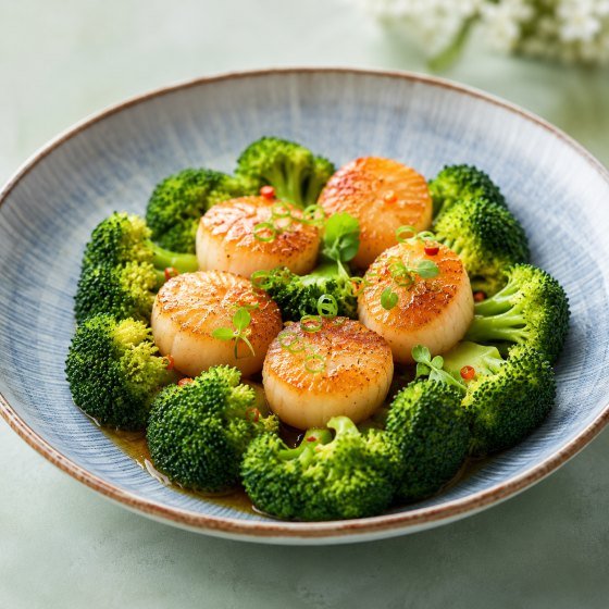 Seared scallops with broccoli